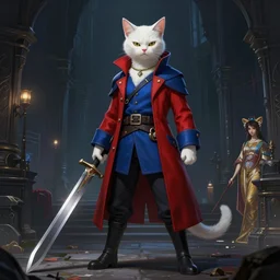 an anthropomorphic white - furred cat weared as a badass hack'n - slash game character, dark pants, red and blue overcoat, standing with a big sword in hand, in dark fantasy dungeon, vaporwave, highly detailed, digital painting, artstation, concept art, smooth, sharp focus, illustration, art by rossdraws and artgerm and greg rutkowski and alphonse mucha and marc simonetti