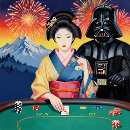 hyperrealism composition of the detailed woman in a japanese kimono sitting at a poker table with darth vader, fireworks, picture of mountains in the background, pop - art style, jacky tsai style, andy warhol style, ukiyo e, acrylic on canvas