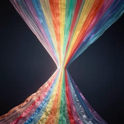 Floating rainbow, fabric, ribbons, converging to form a human body, space, awe inspiring, realistic, artstation