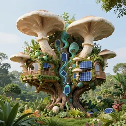 a photo of a tree - house complex from the future, parametric architecture, lions mane mushroom, blending with nature, renewable energy sources, preserving ecosystems, gardens, trending on flickr, bacteria structures, 8 k, 4 k, ersnt haeckel, volumetric lightning, photorealistic