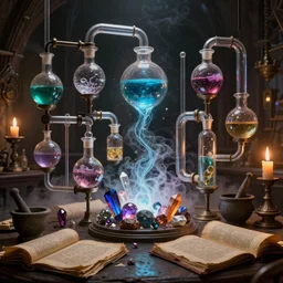 fantasy Alchemist laboratory, interconnected glass pipes, spheres, bottles, and tubes filled with bubbling fluids and potions, harry potter, mystical, magical witchcraft, crystals, gemstones, runestones, mortar and pestle, old manuscripts and scrolls, brightly coloured smoke, eerie luminosity, dark and dusty, candle light, ray-traced, volumetric light, octane render, 4k, ultraHD