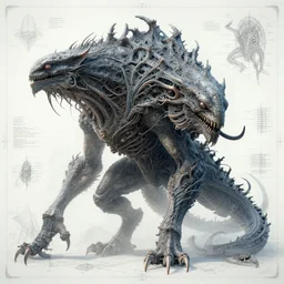 ornately annotated blueprint schematics for a large unknown lovecraftian creature, ultrafine, hyperrealistic, intricate, sharp focus, smooth, unreal engine, dramatic lighting, ethereal, 8 k