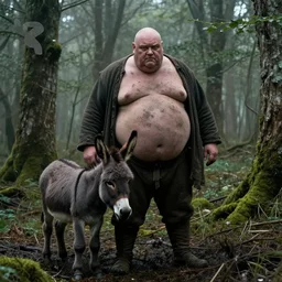 a movie still by tarkovsky of one profil giant obese old bald man in dirty medieval clothes with one tiny donkey in a swamp mossy forest, cinestill 8 0 0 t 3 5 mm eastmancolor, heavy grain, high quality, noir, natural textures, photorealistic, ambient occlusion, hd, mud, fog, criterion collection