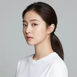 beautiful realistic studio portrait photograph stunning professional head shot of a beautiful korean actress with hair in a ponytail wearing a white t - shirt age 3 5 looking to the left, by annie liebovitz, professional portrait photograph spectacular detail trending on artstation 8 k