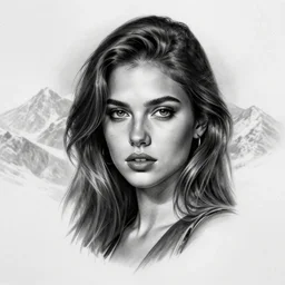 tattoo design sketch of a beautiful girl portrait and a faded mountain background, in the style of den yakovlev, black and white, realism tattoo, hyper realistic, highly detailed