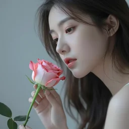 a 2 0 years old woman touching a pastel red rose, dramatic angle, pastel style, portrait, beautiful face