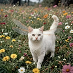a 70s grainy photograph of a white cat that has big dragonfly wings, in a meadow in bloom. Desaturated, bleached colors. Hippie woodstock style. Marygolds, daysies, grass. Kodak, polaroid
