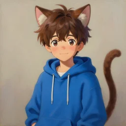 character portrait of a blushing anime boy with cat ears and tail, blue hoodie, brown fluffy hair, medium shot, concept art, global illumination, tankoban, 4 k, oil on canvas, fantasy painting, hyper detailed, pixar animation, studio light, award winning, by artgerm, sylvain sarrailh, rossdraws, wlop, beautiful!.