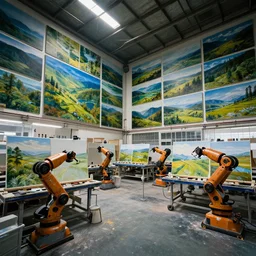 dramatic photo of an art factory, photos of landscapes covering the walls, robots painting natural landscapes on canvas, cinematic lighting, wide angle