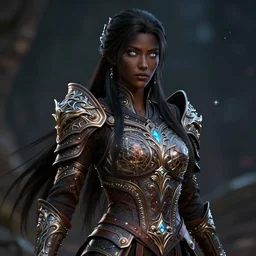 a beautiful long, darkhaired warrior queen, highly intricate warriors armor, leather armor, glowing, detailed beautiful face, silver eyes, dark brown black skin, starlight filter, vibrant colors, 8k, highly detailed, octane render, unreal engine, ultra realistic