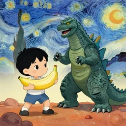 pilsberru Doughboy fighting godzilla on Mars with a banana, in the style of van gogh
