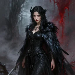 beautiful ancient witch in raven feather cape, blood rain on background, highly detailed, digital painting, artstation, sharp focus, illustration, art by tan zi and ayanamikodon and alphonse mucha and wlop
