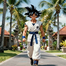 Saiyan warrior girl, muscular girl, wild spiky black electrified hair, wearing kung fu uniform, walking through Bali, 1977, tropical palm trees, colorized