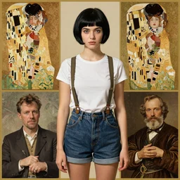 a girl with black hair pixie cut in shorts with suspenders drawn by rembrandt, norman rockwell, frank frazetta, peter paul rubens, alphonse mucha, gustav klimt 4k, unreal 5, DAZ, french noveau, octane render, hyperrealistic