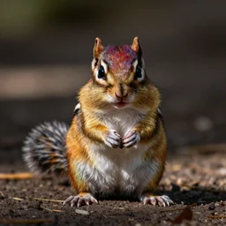 a dlsr canon shot of a cute rainbow - colored furry chipmunk with rainbow fur in the full body, centralized, colored fur, vibrant colors, hdr, photorealistic, ultrareal, zeiss lens, depth of field