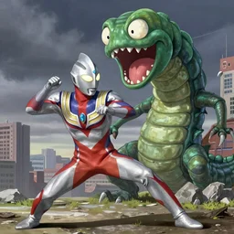 ultraman fighting with a huge worm monster