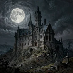 gothic castle on top of a swirling hill, full moon, hyper realistic painting, intricate, by tony wolf