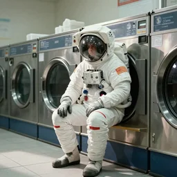 a beautiful photo of an astronaut waiting in a laundromat, '70, soft light, morning light, photorealistic, realistic, octane, 8k, cinematic shot
