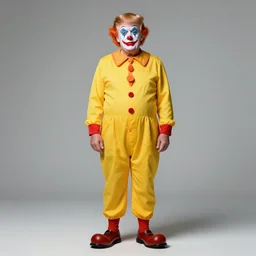 studio color photo realistic full body illustration portrait of donald trump as a clown with white face paint orange hair and yellow jumpsuit