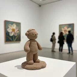 plasticine model stop motion. visitors in contemporary art gallery. white walls. paintings of flowers. small hole in wall. clay. surreal. high detail. soft