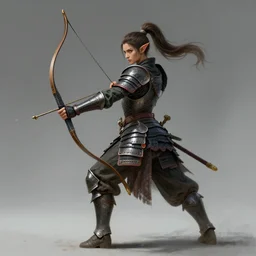 concept art of female elf wearing samurai armor and wielding a bow, hair on a ponytail, fantasy, d & d, hyper detailed, hyperrealistic, art by greg rutkowski, trending on artstation, 8 k