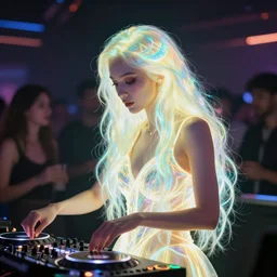 a beautiful glowing alien woman with long glowing hair djing at a party in the future, by artgerm, gorgeous, detailed, cinematic lighting
