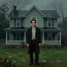 frankenstein standing in front of a house on a rainy day, a digital rendering by gregory crewdson, trending on cgsociety, american scene painting, ominous vibe, matte drawing, atmospheric