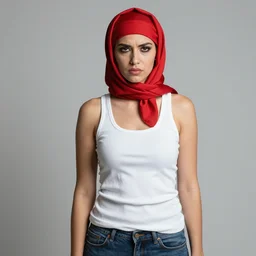 a frontal portrait of a thugish woman, wearing a red headscarf, a white tank top, and jeans, by donato giancola.