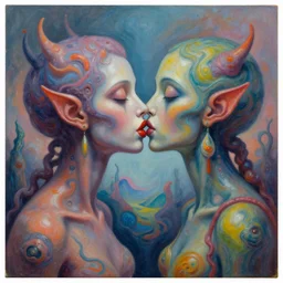 expressive painting by francesca sundsten of two bizarre psychedelic femme creatures kissing each other closeup. they are growing out of an alien landscape. speculative evolution, exobiology