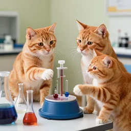 1 9 8 0's color photo, cute orange cats, supervising weird laboratory experiment