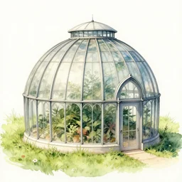 a watercolor painting of a spherical art nouveau greenhouse in the grass, an illustration of by Buckminster Fuller, behance, ecological art, concept art, matte drawing, photoillustration