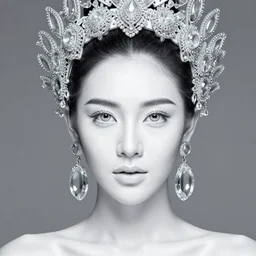 a fierce looking beautiful young thai woman with symmetrical white makeup, wearing an intricate headdress made from glass and leather, wearing large earrings made from glass, black words written on skin, hyperdetailed illustration by irakli nadar and alexandre ferra, intricate linework, in the style of a national geographic portrait, unreal engine 5 highly rendered, global illumination, radiant light, detailed and intricate environment