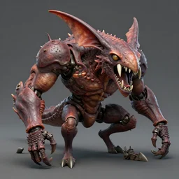 doom, isopod, muscular body, chiroptera head, chiroptera ears, big sharp teeth, mecha, hyperrealism, artstation, cgsociety, zbrush, no background