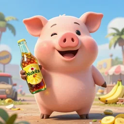 happy pig holding a bottle of delicious pineapple, cherry & banana flavoured nuka cola, post apocalypse, unreal engine, retro futurism, dieselpunk, 3 d art, concept art, highly detailed, pop art, by artgerm and jakub rozalsky