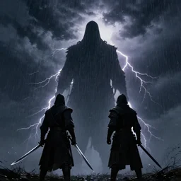 low angle two warriors holding swords standing looking up at a villain silhouette thunder lighting storm heavy rain dark clouds