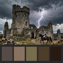 zorn palette, gothic castle ruins, a knight passing by on horseback, thunderstorm, 3 6 0 panoramic,