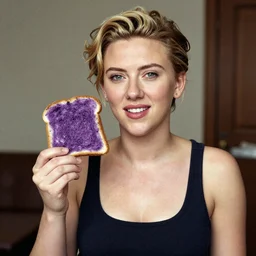 Scarlett Johansson holding a piece of purple toast. First photo ever taken. Old.