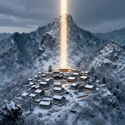 chinese village on snowy mountain, a pillar of light from the peak, insanely detailed, cinematic scene, digital art trending on artstation