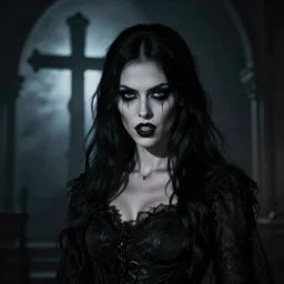 stunning Gothic shameless woman whis impudent facial expression,  shadow of catholic church cross, elegant, dark and mysterious, atmospheric, ominous, eerie, cinematic, Epic, 8k, 4k, ultra detail, ultra realistic, rendered by awesomeness illustration
