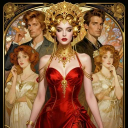 portrait of a beautiful cyberpunk woman wearing a red salsa dress, beautiful symmetrical face, golden, fantasy, regal, by stanley artgerm lau, greg rutkowski, thomas kindkade, alphonse mucha, loish, norman rockwell.