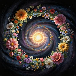 An epic fantastic realism comic book style painting of the most beautiful spiraling entwined flowers launched exquisitely across the dark spinning universe, floating bouquets, exploding sun, fisheye lens, unreal 5, DAZ, hyperrealistic, octane render, dynamic lighting