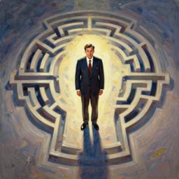A suited man standing in the middle of a maze in the outlined shape of a head, overhead shot, wide shot, painting, stylistic, art by Norman Rockwell