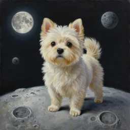 oil painting of a cute surrealistic dog on the moon, extremely detailed, sharp focus, wide view, full body shot, smooth, digital illustration, m, james jean, by rossdraws, frank franzzeta, mcbess, sakimichan, brosmin, danton fadeev, steve simpson