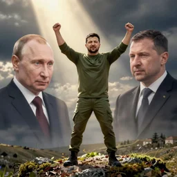 president zelensky standing victorious over putin