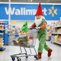 photograph of a man in a gnome costume at walmart pushing a shopping cart with a goblin in it
