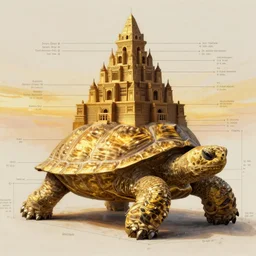 ziggurat built around atop a gigantic turtle tortoise highly detailed concept art schematic golden hour Laurie Greasley