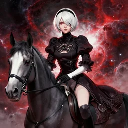 highly detailed portrait of lady oscar riding a horse by james gilleard, by kaethe butcher, by greg rutkowski, by konstantin yuon, 4 k resolution, nier : automata inspired, bravely default inspired, vibrant but dreary but upflifting red, black and white color scheme!!! ( ( space nebula background ) )