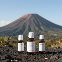 symmetrical photo of small bottle standing in front volcano, products shot