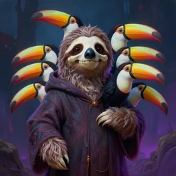 realistic surreal painting of a bipedal sloth character, long curly fur, full skull shaped face cover, mage robe based on a toucan, 6 toucan beaks, in the style of zdzislaw beksinski, stylized, video animation, hogwarts legacy, chromatic aberration, super natural, neon glow