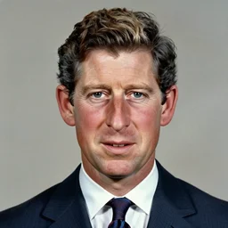 Mugshot Portrait of Prince Charles, taken in the 1970s, photo taken on a 1970s polaroid camera, grainy, real life, hyperrealistic, ultra realistic, realistic, highly detailed, epic, HD quality, 8k resolution, body and headshot, film still, front facing, front view, headshot and bodyshot, detailed face, very detailed face